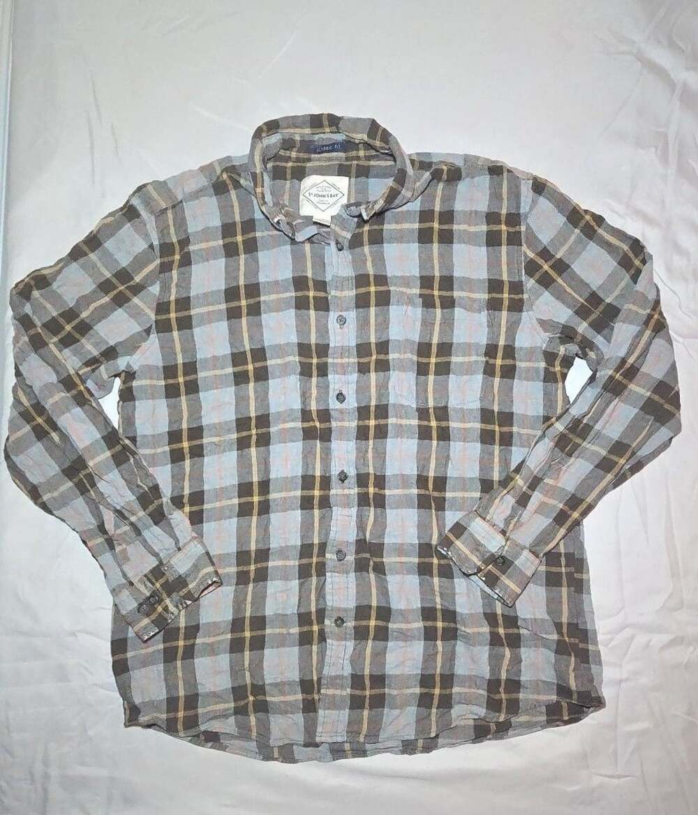 St. John's Bay Plaid Flannel Shirt Size L Gray Brown Long Sleeve